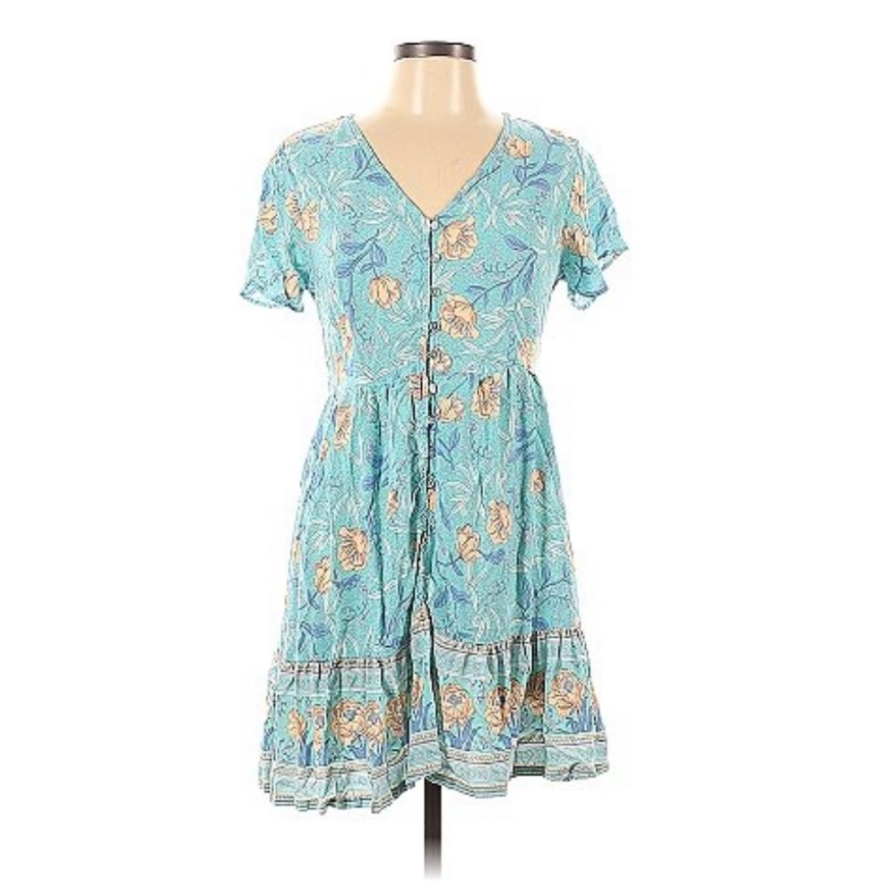 Aura Button Front Blue Floral Mini Dress Size Large Short Sleeve Boho Casual